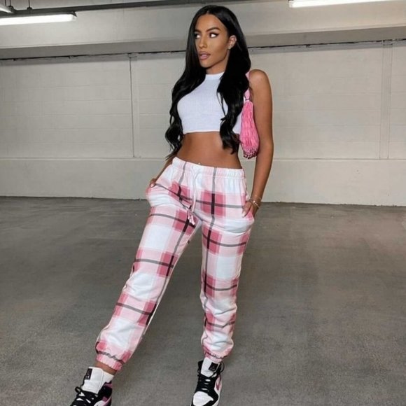 Pink Plaid Check High Waist Loose Fit Joggers Jogger Pants - Picture 12 of 12